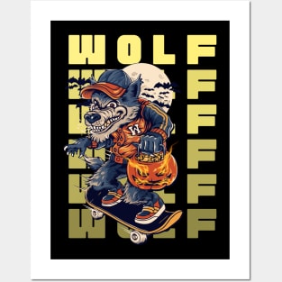 wolf with pumpkin Posters and Art